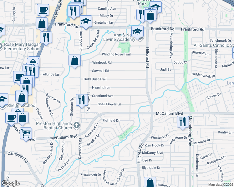 map of restaurants, bars, coffee shops, grocery stores, and more near 6709 Crestland Avenue in Dallas
