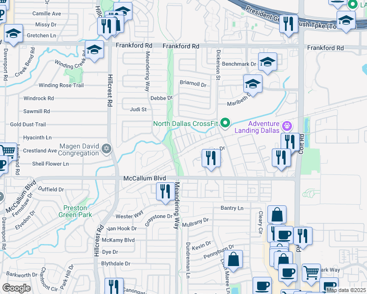 map of restaurants, bars, coffee shops, grocery stores, and more near 17490 Meandering Way in Dallas