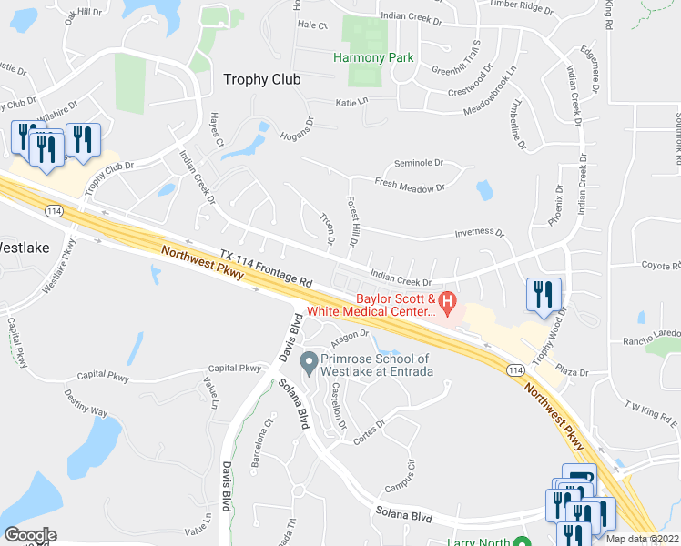 map of restaurants, bars, coffee shops, grocery stores, and more near 1510 Plantation Oaks Drive in Trophy Club