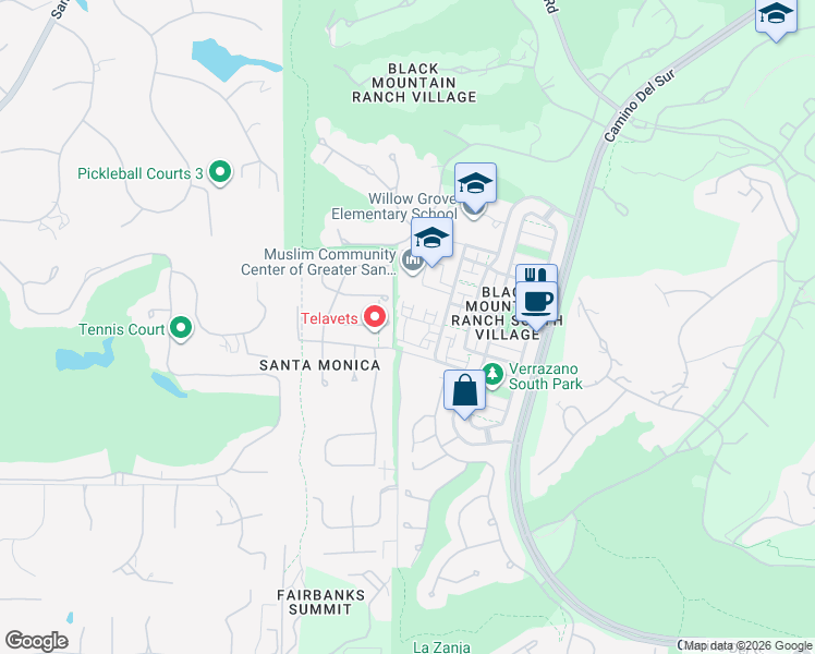 map of restaurants, bars, coffee shops, grocery stores, and more near 14672 Via Fiesta in San Diego