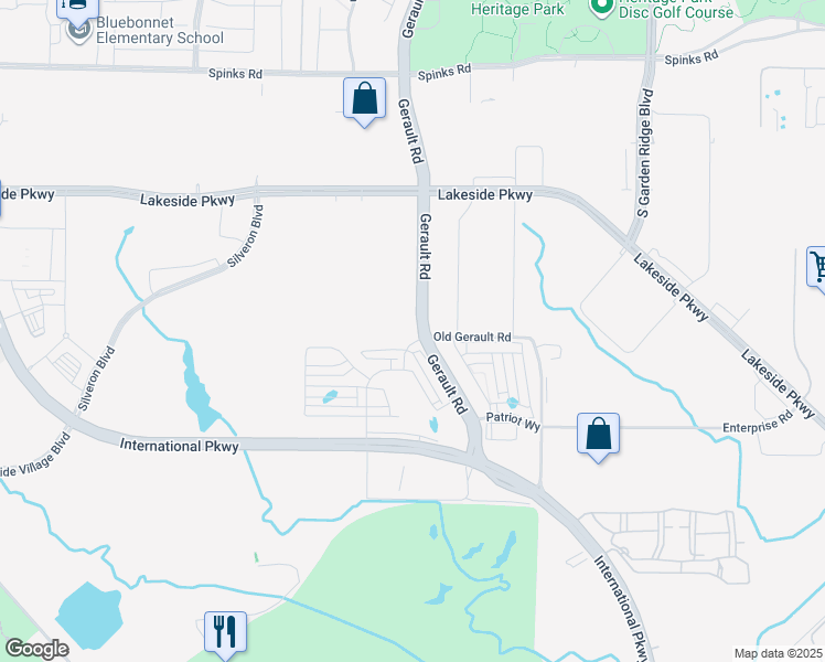 map of restaurants, bars, coffee shops, grocery stores, and more near 401 Gerault Road in Flower Mound