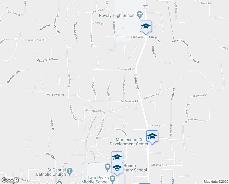 map of restaurants, bars, coffee shops, grocery stores, and more near 15235 Crestview Court in Poway