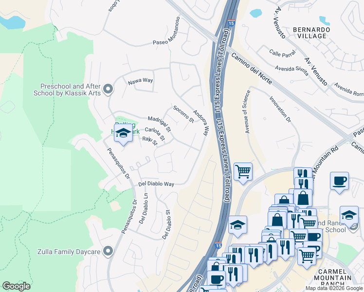 map of restaurants, bars, coffee shops, grocery stores, and more near 11225 Madrigal Street in San Diego