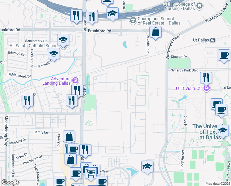 map of restaurants, bars, coffee shops, grocery stores, and more near 17618 Crabapple Court in Dallas