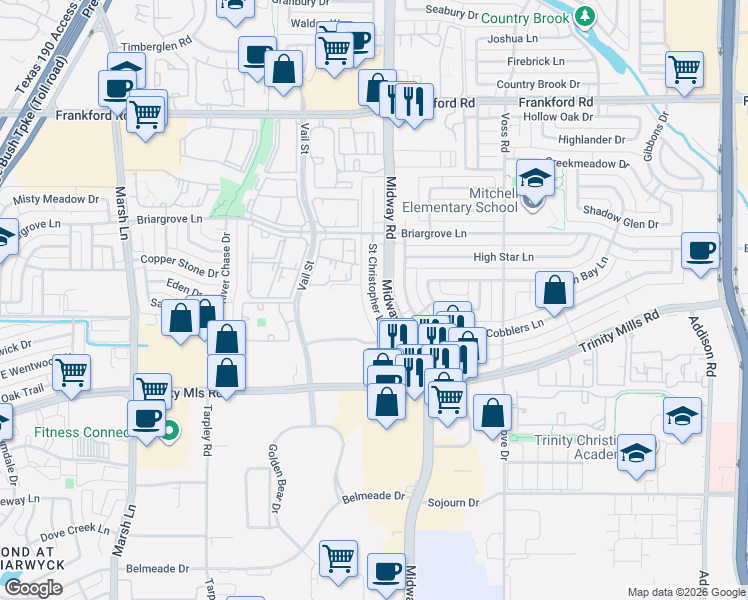 map of restaurants, bars, coffee shops, grocery stores, and more near 4025 Saint Christopher Lane in Dallas