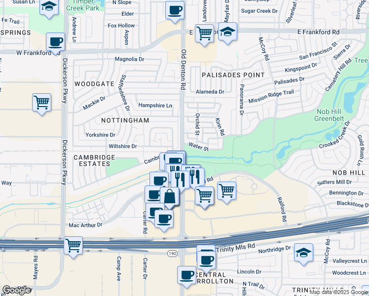map of restaurants, bars, coffee shops, grocery stores, and more near 1024 Gardenia Street in Carrollton