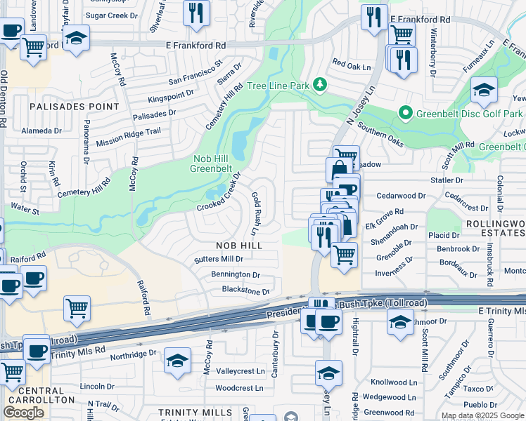 map of restaurants, bars, coffee shops, grocery stores, and more near 2728 Gold Rush Lane in Carrollton