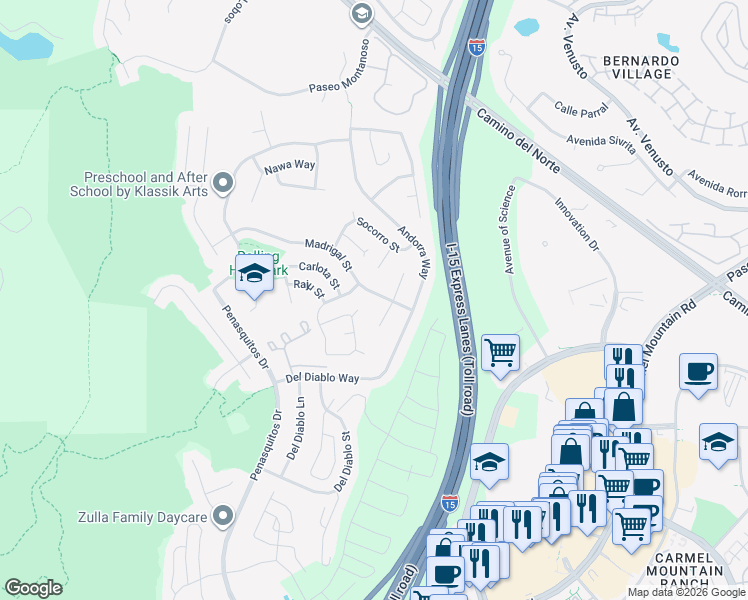 map of restaurants, bars, coffee shops, grocery stores, and more near 11225 Madrigal Street in San Diego