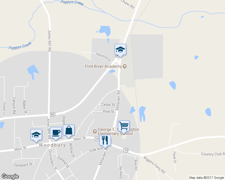 map of restaurants, bars, coffee shops, grocery stores, and more near 505 Flat Shoals Road in Woodbury