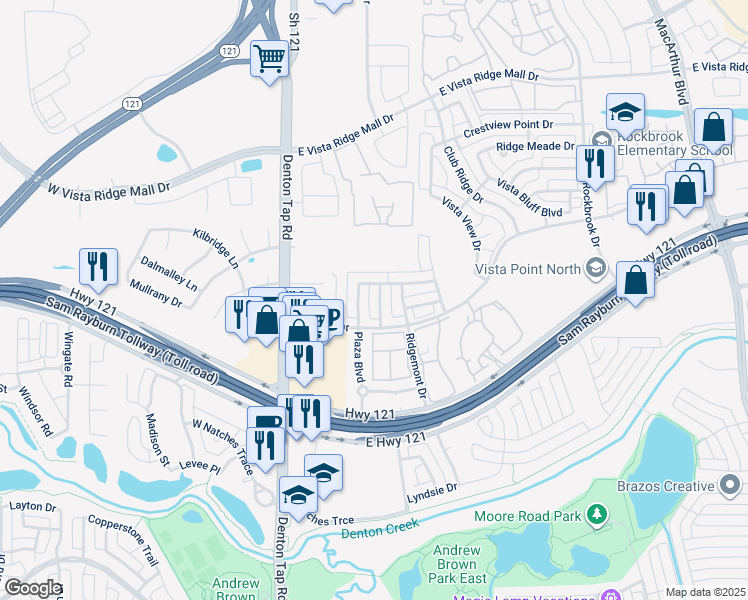 map of restaurants, bars, coffee shops, grocery stores, and more near 209 Ridgedale Drive in Lewisville