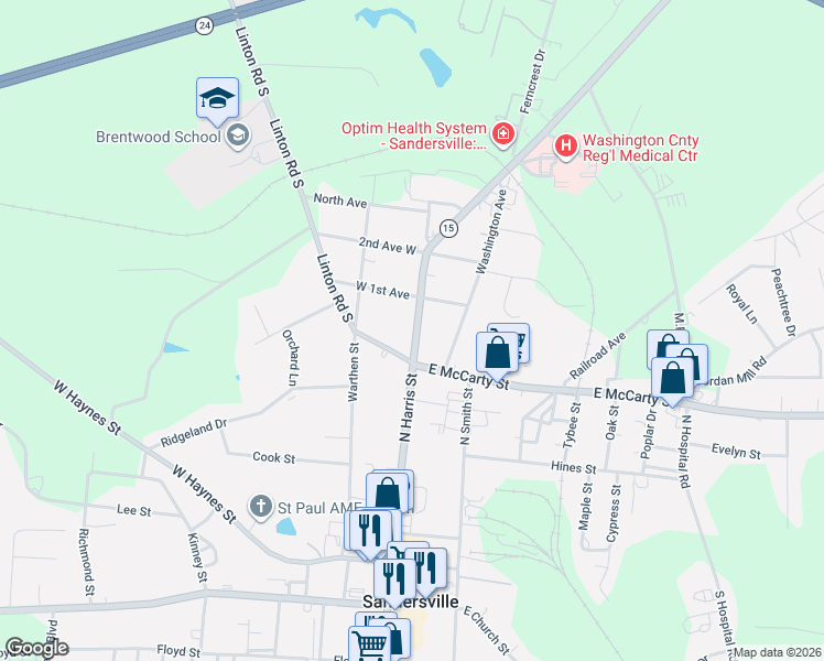 map of restaurants, bars, coffee shops, grocery stores, and more near 399 North Harris Street in Sandersville