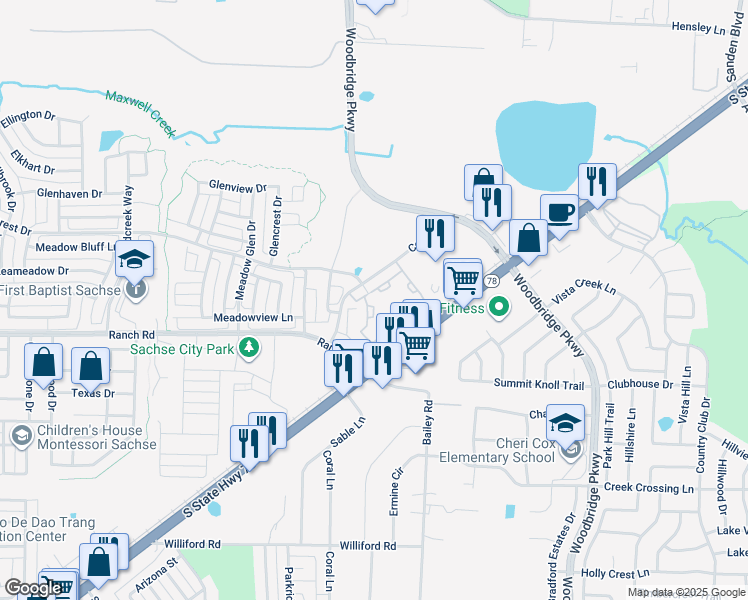 map of restaurants, bars, coffee shops, grocery stores, and more near 7700 Cody Lane in Sachse