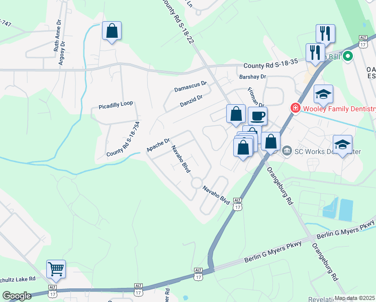 map of restaurants, bars, coffee shops, grocery stores, and more near 310 Catawba Drive in Summerville