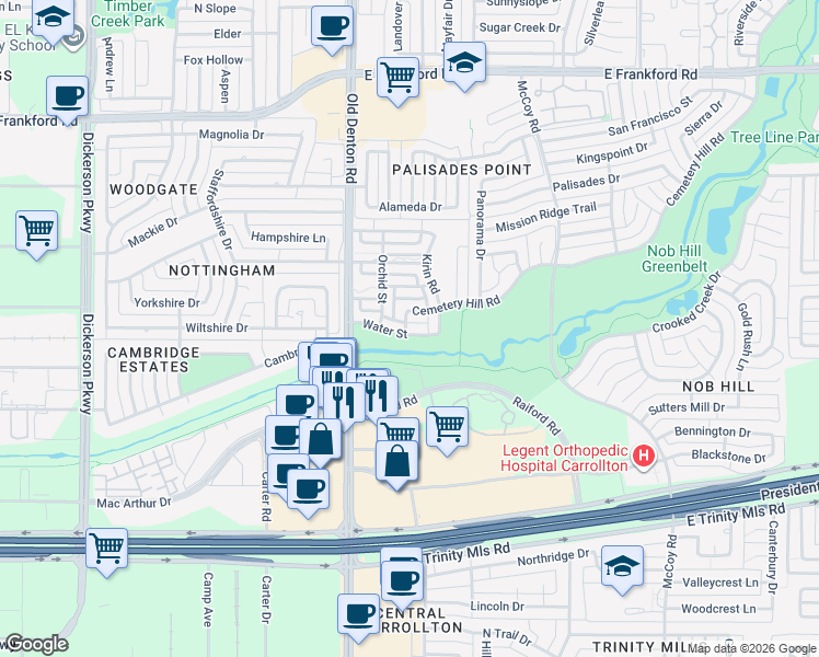map of restaurants, bars, coffee shops, grocery stores, and more near 1137 Water Street in Carrollton