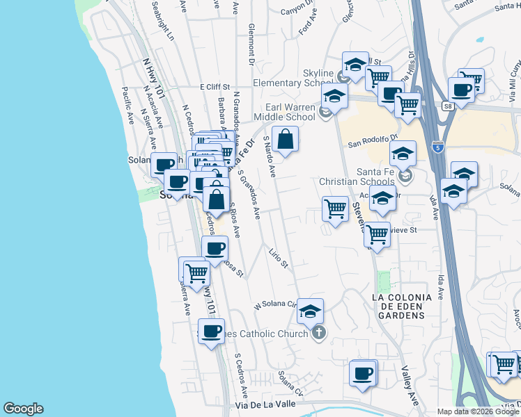 map of restaurants, bars, coffee shops, grocery stores, and more near 308 Corto Street in Solana Beach