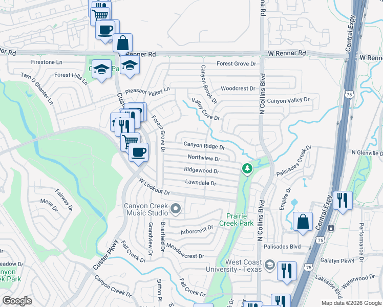 map of restaurants, bars, coffee shops, grocery stores, and more near 413 Canyon Ridge Drive in Richardson