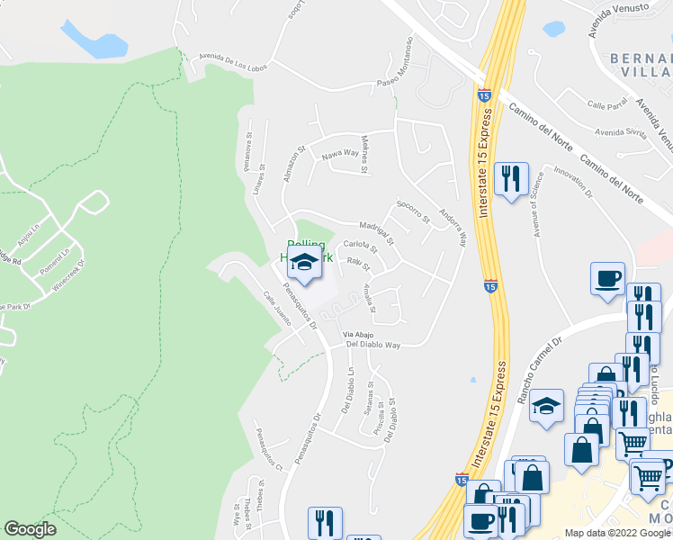 map of restaurants, bars, coffee shops, grocery stores, and more near 11048 Carlota Street in San Diego