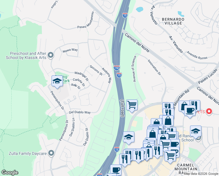 map of restaurants, bars, coffee shops, grocery stores, and more near 15255 Andorra Way in San Diego