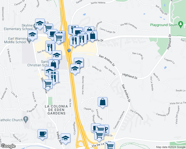 map of restaurants, bars, coffee shops, grocery stores, and more near 1105 Solana Drive in Del Mar