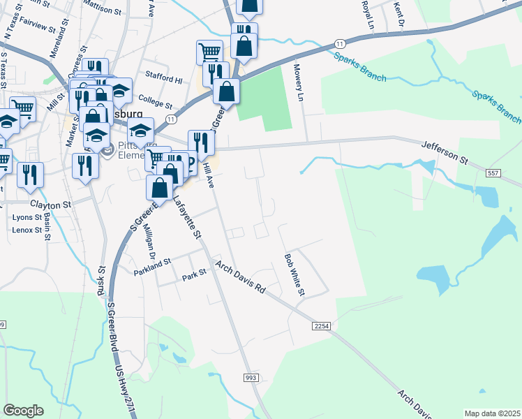 map of restaurants, bars, coffee shops, grocery stores, and more near 111 Pecan Boulevard in Pittsburg