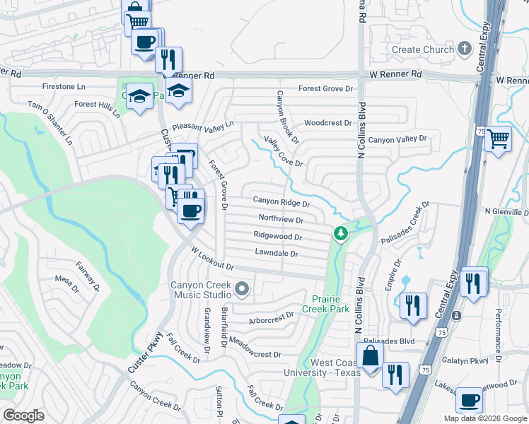map of restaurants, bars, coffee shops, grocery stores, and more near 413 Canyon Ridge Drive in Richardson