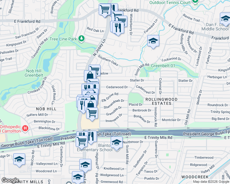 map of restaurants, bars, coffee shops, grocery stores, and more near 2010 Cedarwood Drive in Carrollton