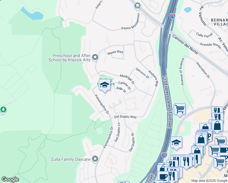 map of restaurants, bars, coffee shops, grocery stores, and more near 11048 Carlota Street in San Diego