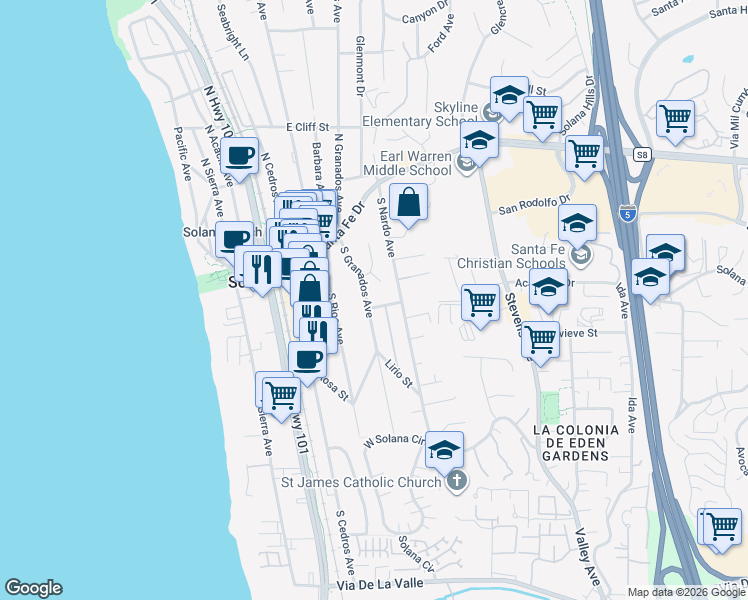 map of restaurants, bars, coffee shops, grocery stores, and more near 308 Corto Street in Solana Beach