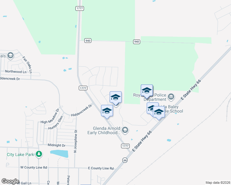 map of restaurants, bars, coffee shops, grocery stores, and more near 1900 Ridgecrest Drive in Royse City