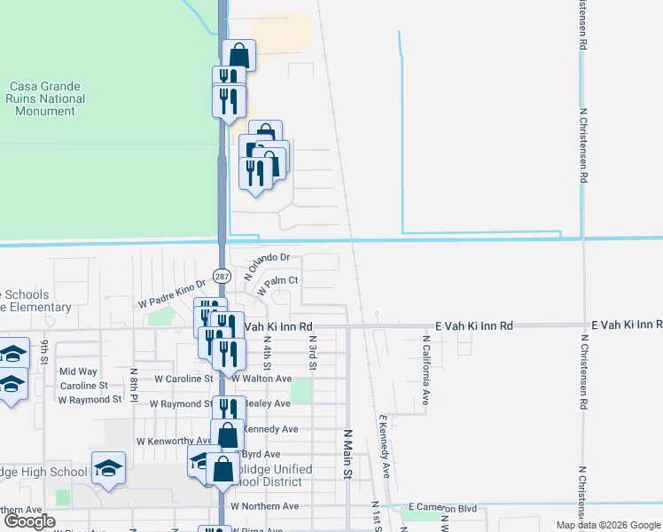 map of restaurants, bars, coffee shops, grocery stores, and more near 215 North Orlando Circle in Coolidge