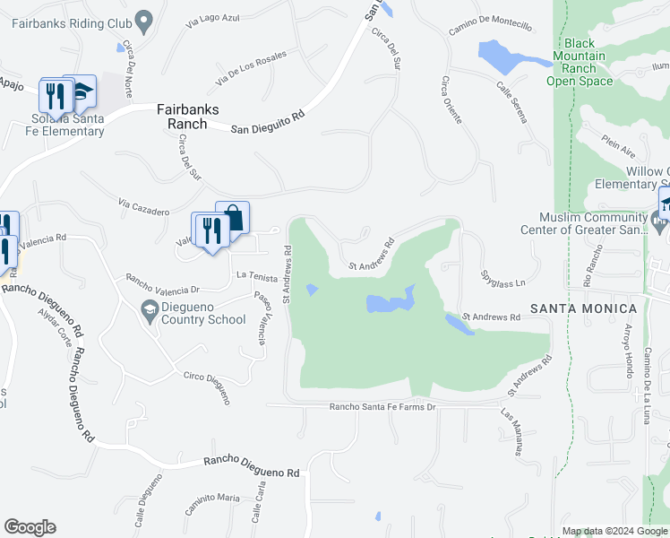 map of restaurants, bars, coffee shops, grocery stores, and more near 7756 Saint Andrews Road in Rancho Santa Fe