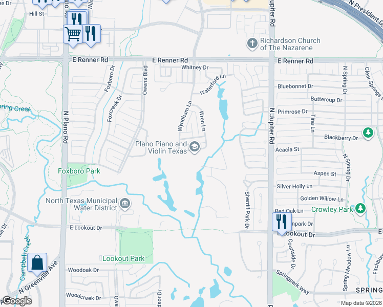 map of restaurants, bars, coffee shops, grocery stores, and more near 1813 Weanne Drive in Richardson