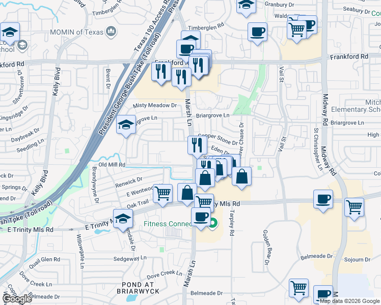 map of restaurants, bars, coffee shops, grocery stores, and more near 17601 Marsh Ln in Dallas