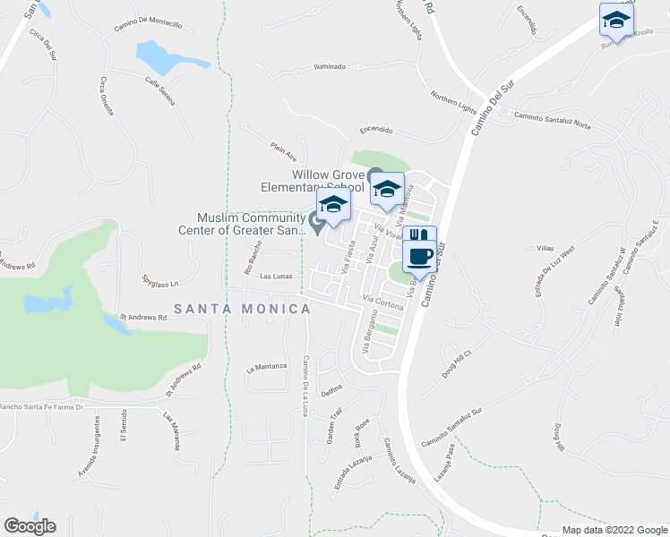 map of restaurants, bars, coffee shops, grocery stores, and more near 7550 Via Landini in San Diego
