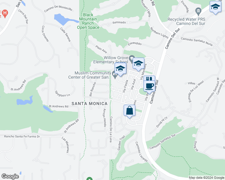 map of restaurants, bars, coffee shops, grocery stores, and more near 14674 Via Fiesta in San Diego