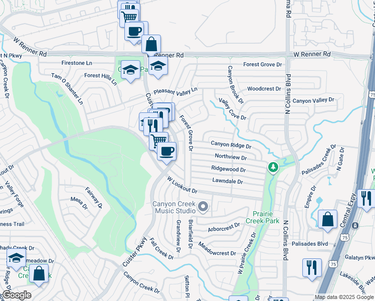 map of restaurants, bars, coffee shops, grocery stores, and more near 2644 Custer Parkway in Richardson