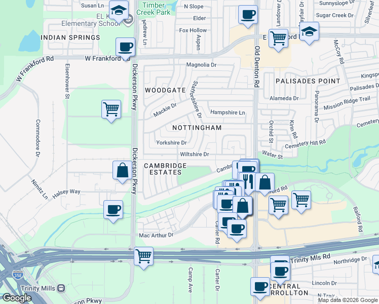 map of restaurants, bars, coffee shops, grocery stores, and more near 2803 Staffordshire Drive in Carrollton