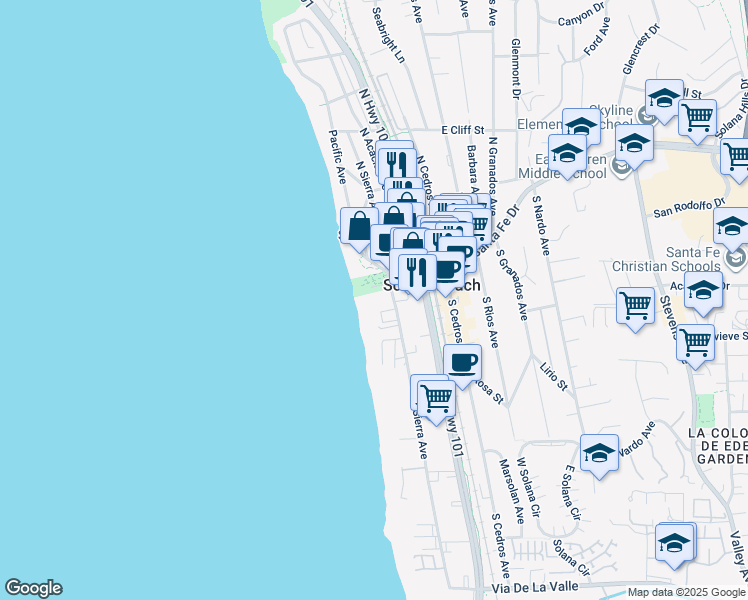 map of restaurants, bars, coffee shops, grocery stores, and more near 135 South Sierra Avenue in Solana Beach