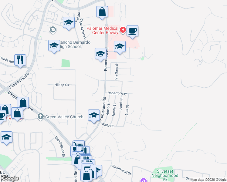 map of restaurants, bars, coffee shops, grocery stores, and more near 12634 Roberto Way in Poway