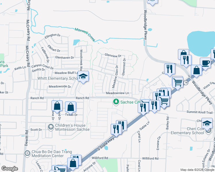 map of restaurants, bars, coffee shops, grocery stores, and more near 7604 Forest Ridge Trail in Sachse
