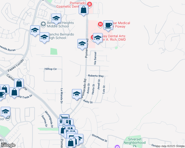 map of restaurants, bars, coffee shops, grocery stores, and more near 12634 Roberto Way in Poway