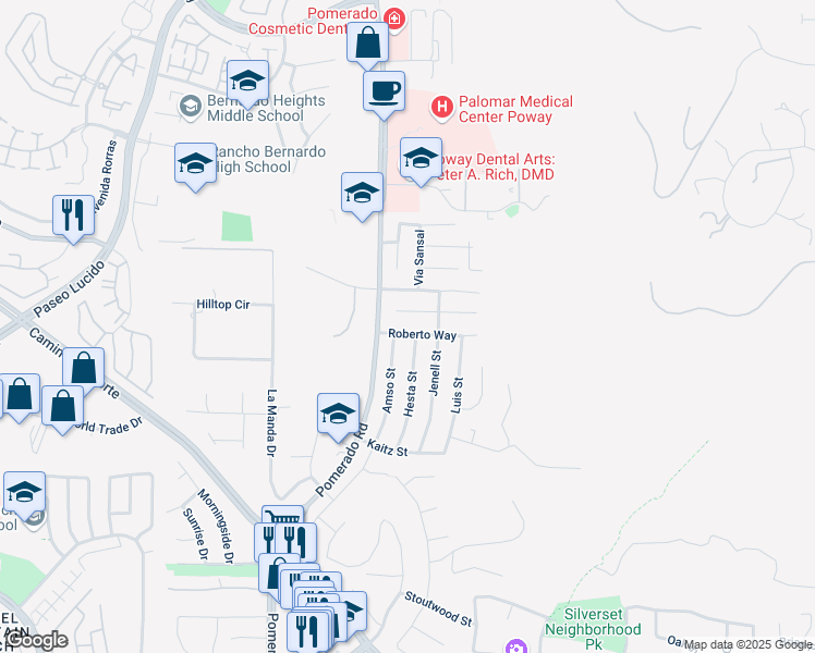 map of restaurants, bars, coffee shops, grocery stores, and more near 12634 Roberto Way in Poway