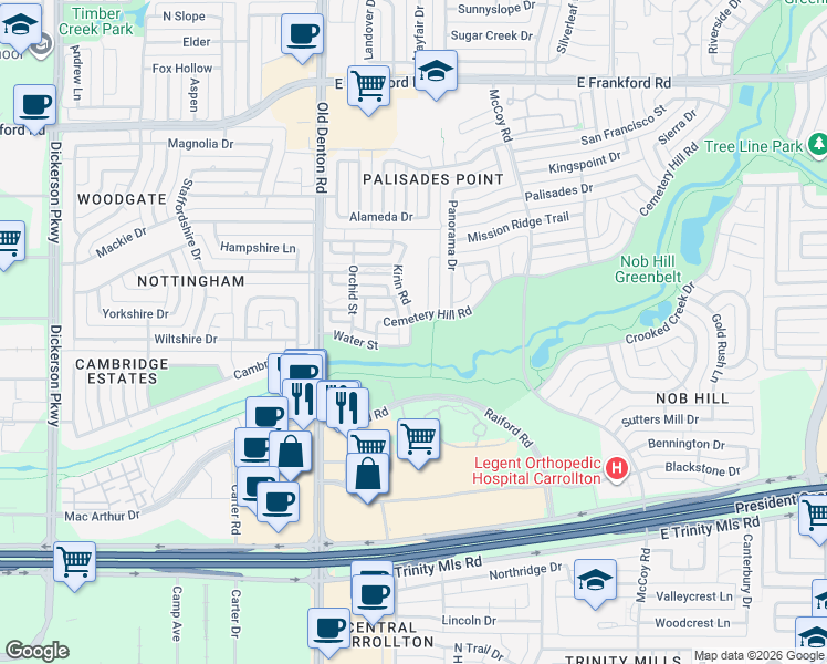 map of restaurants, bars, coffee shops, grocery stores, and more near 2898 Kirin Road in Carrollton