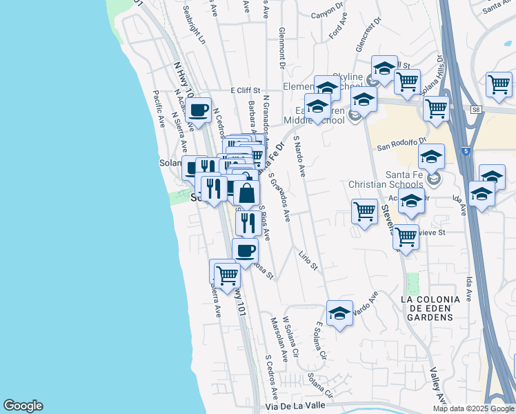 map of restaurants, bars, coffee shops, grocery stores, and more near 208 South Rios Avenue in Solana Beach