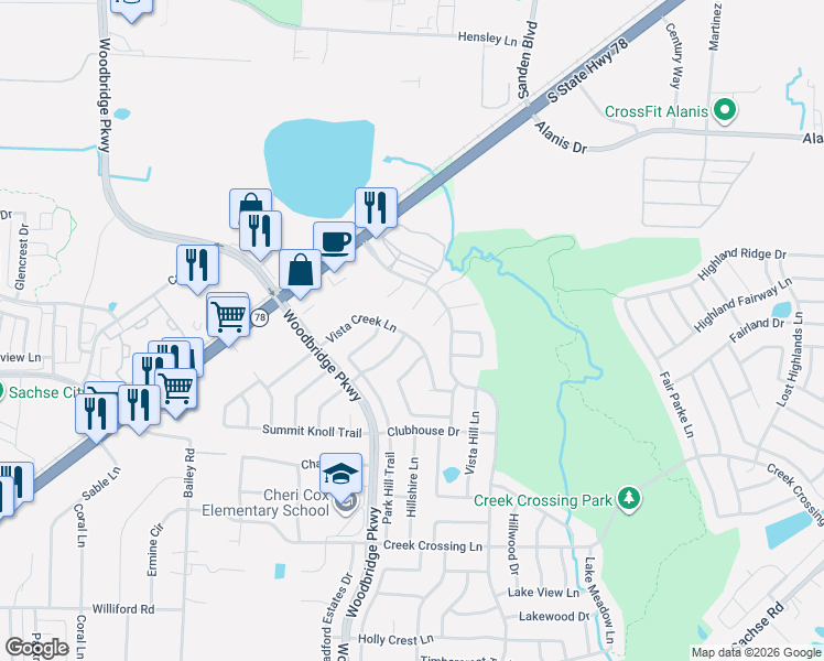 map of restaurants, bars, coffee shops, grocery stores, and more near 6211 Creekwood Court in Sachse