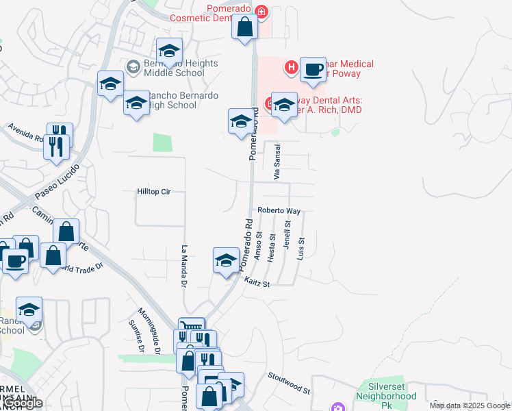 map of restaurants, bars, coffee shops, grocery stores, and more near 12602 Roberto Way in Poway