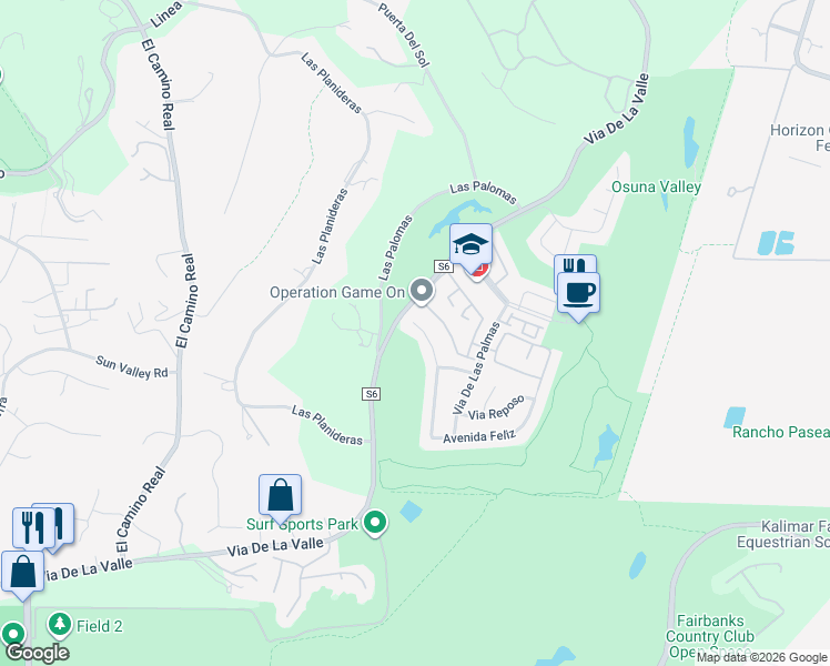 map of restaurants, bars, coffee shops, grocery stores, and more near 16056 Avenida Calma in Rancho Santa Fe