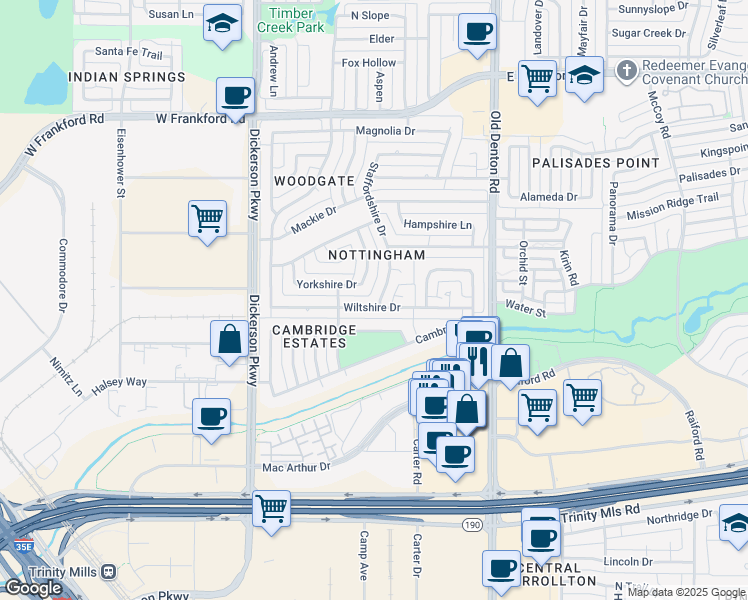map of restaurants, bars, coffee shops, grocery stores, and more near 2803 Staffordshire Drive in Carrollton