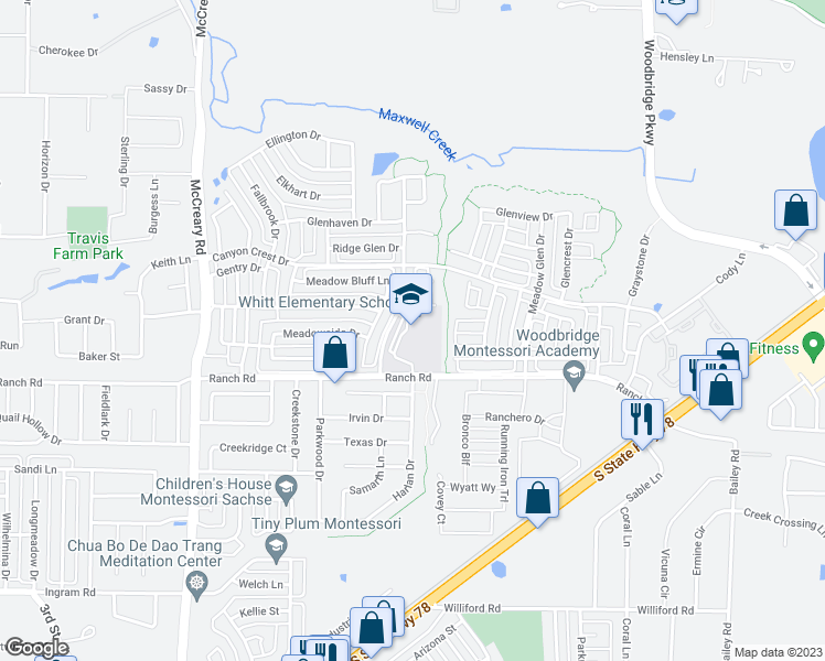 map of restaurants, bars, coffee shops, grocery stores, and more near 7520 Woodcreek Way in Sachse