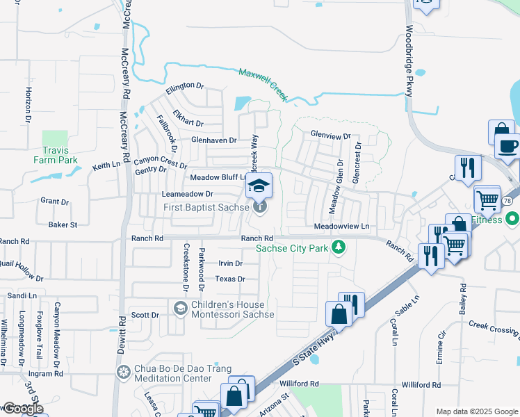 map of restaurants, bars, coffee shops, grocery stores, and more near 7520 Woodcreek Way in Sachse